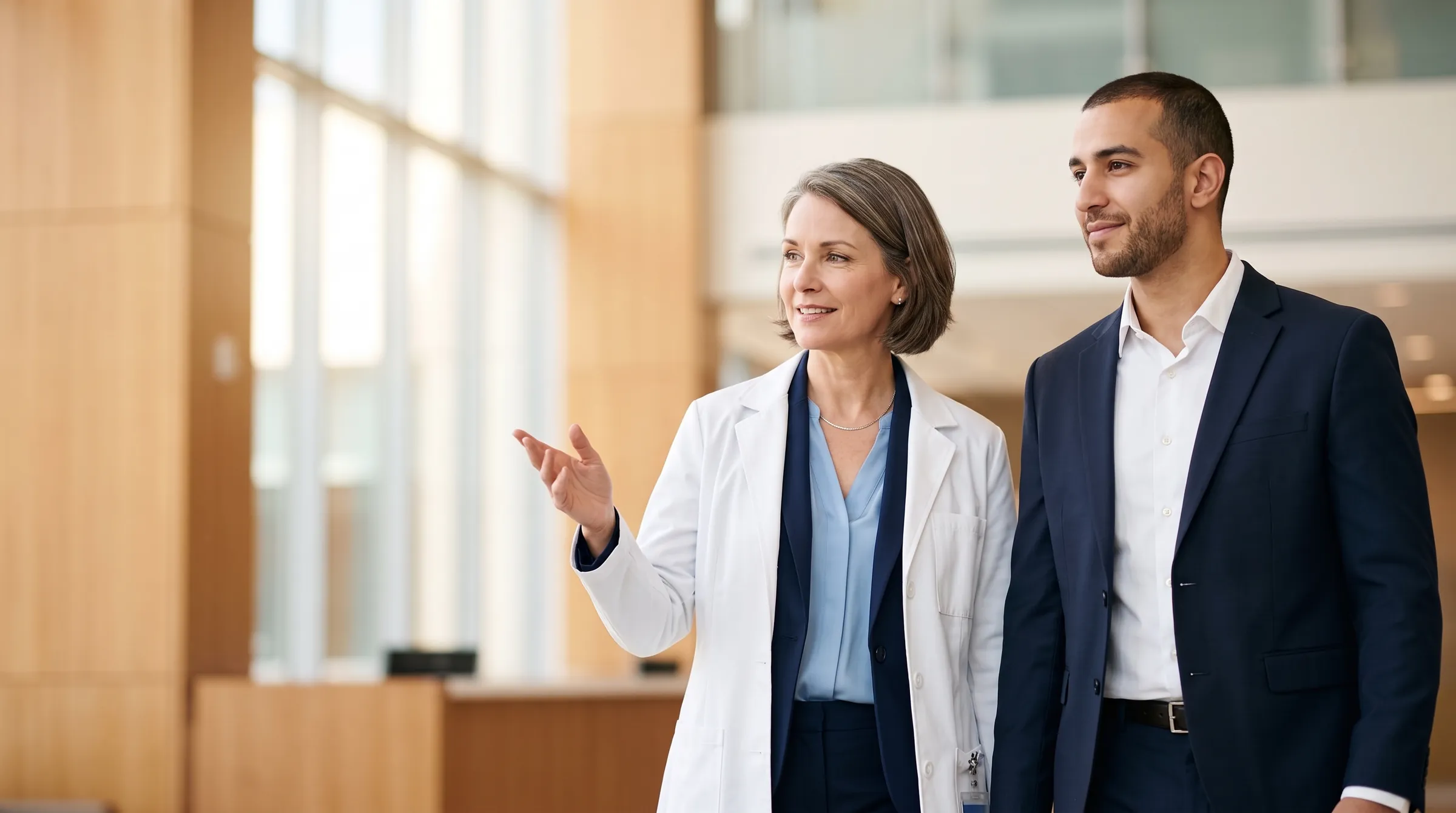 A chief medical officer in a white coat shows a newly hired emergency physician around a bright hospital atrium