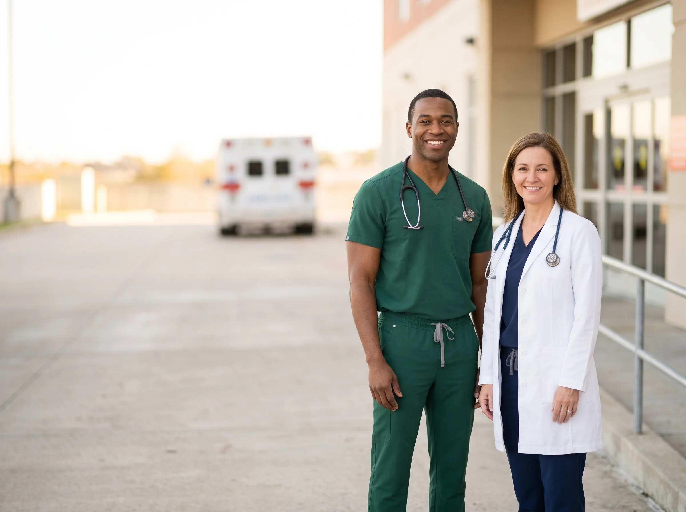 An emergency physician in green scrubs and a medical director in a white coat smiling outside an emergency department ambulance bay
